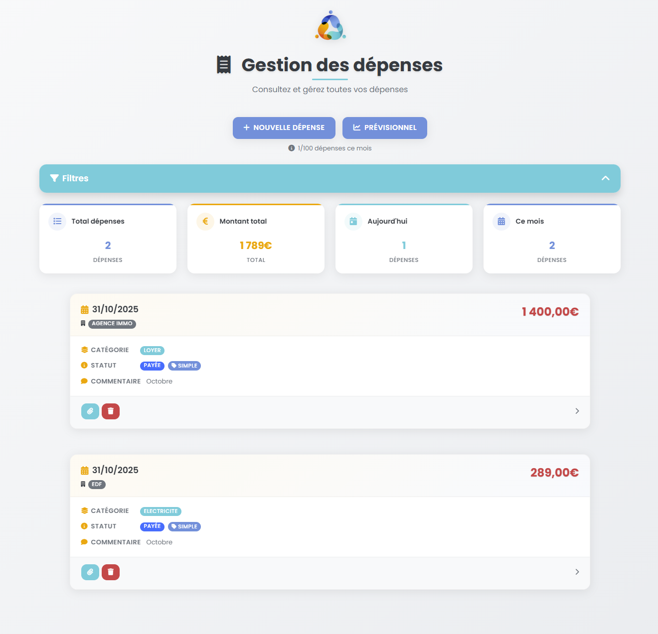 Écran de saisie de dépenses avec imputation multiple