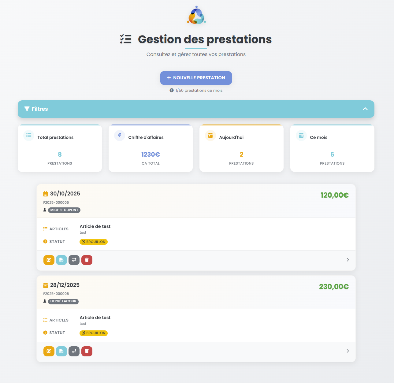 Écran de gestion des prestations